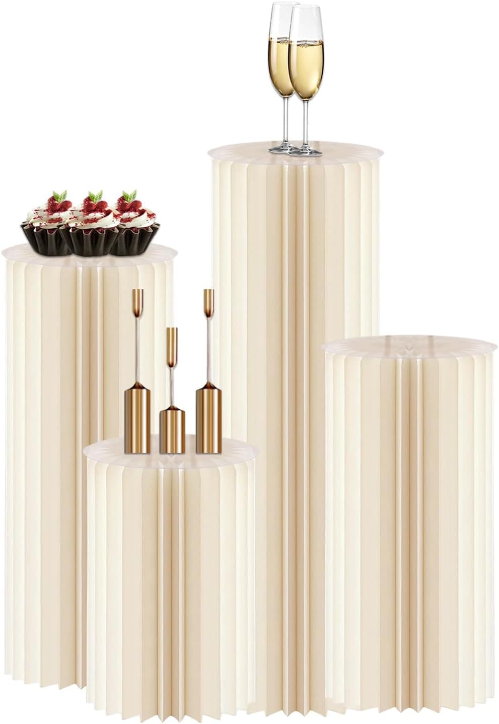 Paquete de 4 soportes cilíndricos para fiesta, columnas de cartón plegables con 4 platos superiores redondos transparentes, soporte de pedestal para exhibición de pasteles para banquetes de bodas, eventos decorativos