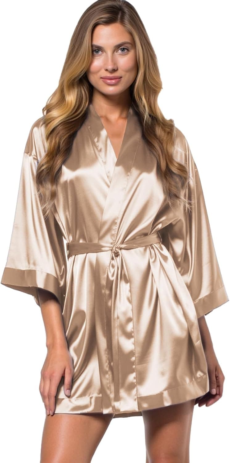 Turquaz Bata de kimono de satén sedoso para damas de honor, novia, ropa de descanso corta, bata de lencería, bata VS de seda