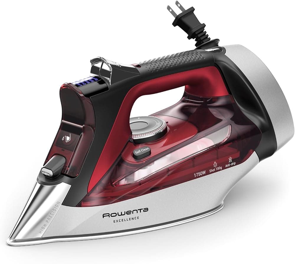 Plancha Rowenta, Focus Excellence Plancha de Vapor con Suela de Acero Inoxidable para Ropa, Cable Retráctil, 400+ Orificios de Microvapor, Vapor Potente, Pantalla LED, 1750 W Planchado de Ropa, Cordreel, Rojo DW5433