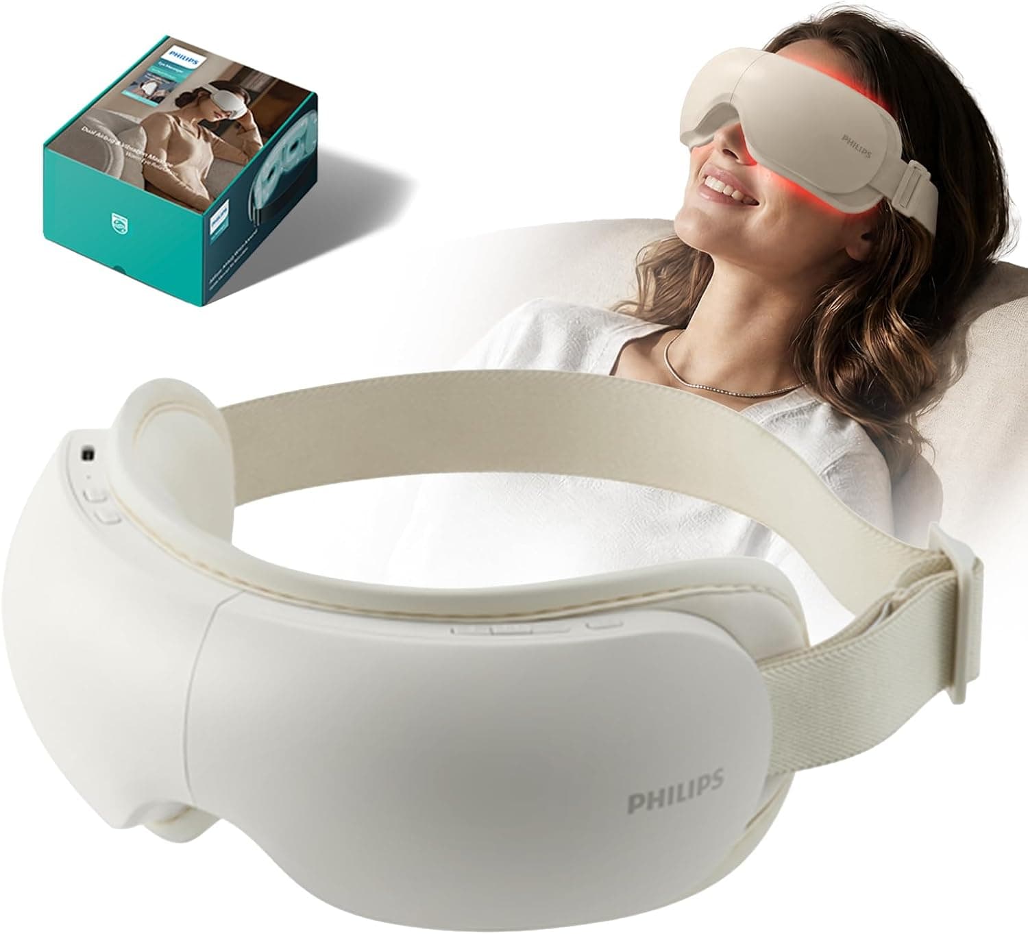 Masajeador de ojos PHILIPS con calor, mascarilla de compresión para aliviar la tensión ocular de la migraña | Regalos ideales para mujeres y hombres. Antifaz recargable para uso diario en el hogar, oficina y viajes, mejor sueño, alivia el estrés.