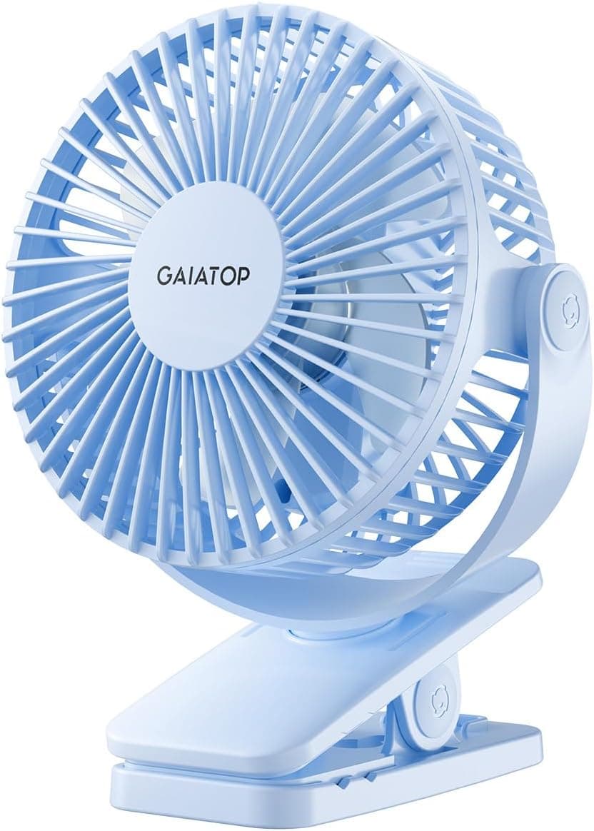 Ventilador portátil con clip Gaiatop, mini ventilador personal silencioso recargable | Funciona con pilas, pequeño giro de 360° de 3 velocidades, refrigeración para mesa de escritorio, hogar, oficina, cochecito, camping, regalos para mujeres, azul claro