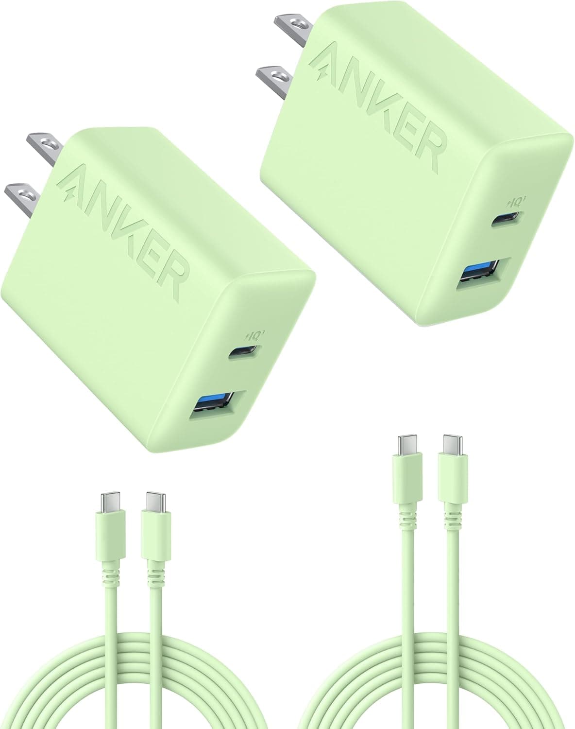 Cargador de teléfono Anker, bloque de cargador USB C de 20 W, cargador tipo C de carga rápida | Para iPhone 17/17 Plus/17 Pro Max/16/16 Plus/16 Pro Max/15 Pro Max/iPad Pro y más (paquete de 2 con 2 cables, verde)