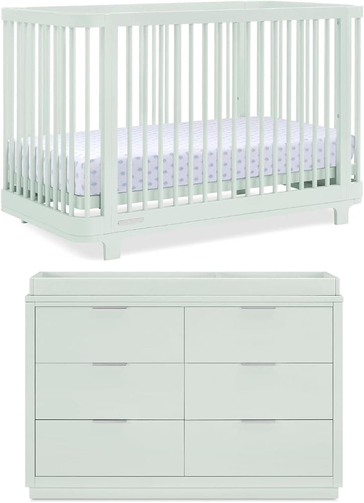 Muebles de guardería para cuna y tocador Nest - Cuna convertible 4 en 1 | Cómoda Forever de 6 cajones con cambiador | Salvia ligera