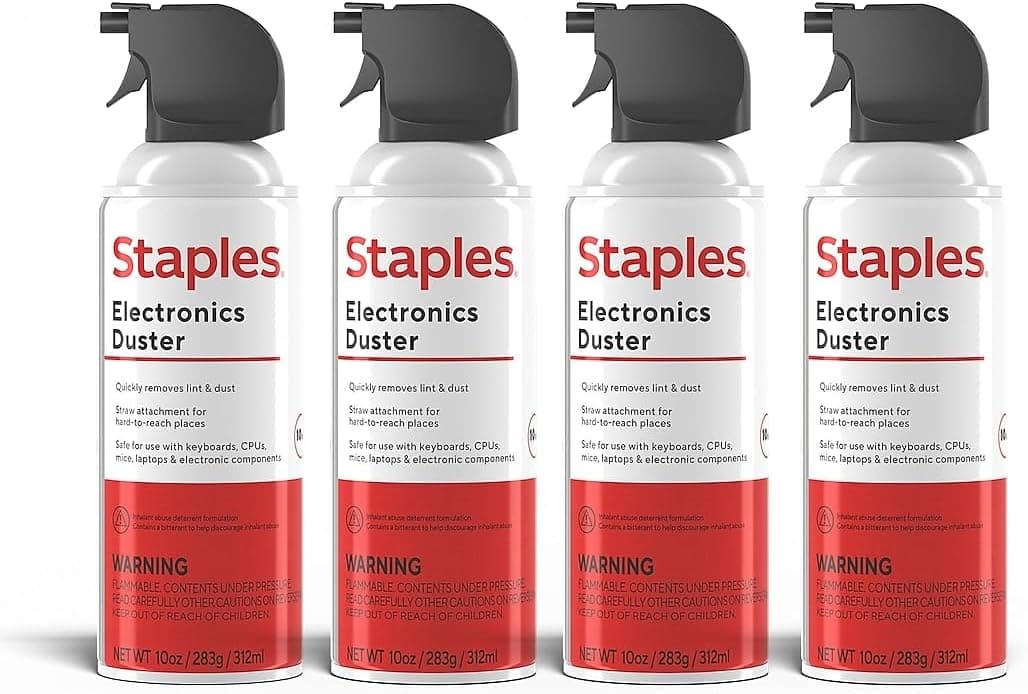 Plumeros de aire comprimido Staples, 10 oz. latas, electrónica y oficina, paquete de 4 | Elimina el polvo de teclados, portátiles, rejillas de ventilación y equipos de difícil acceso. 4 latas por paquete.