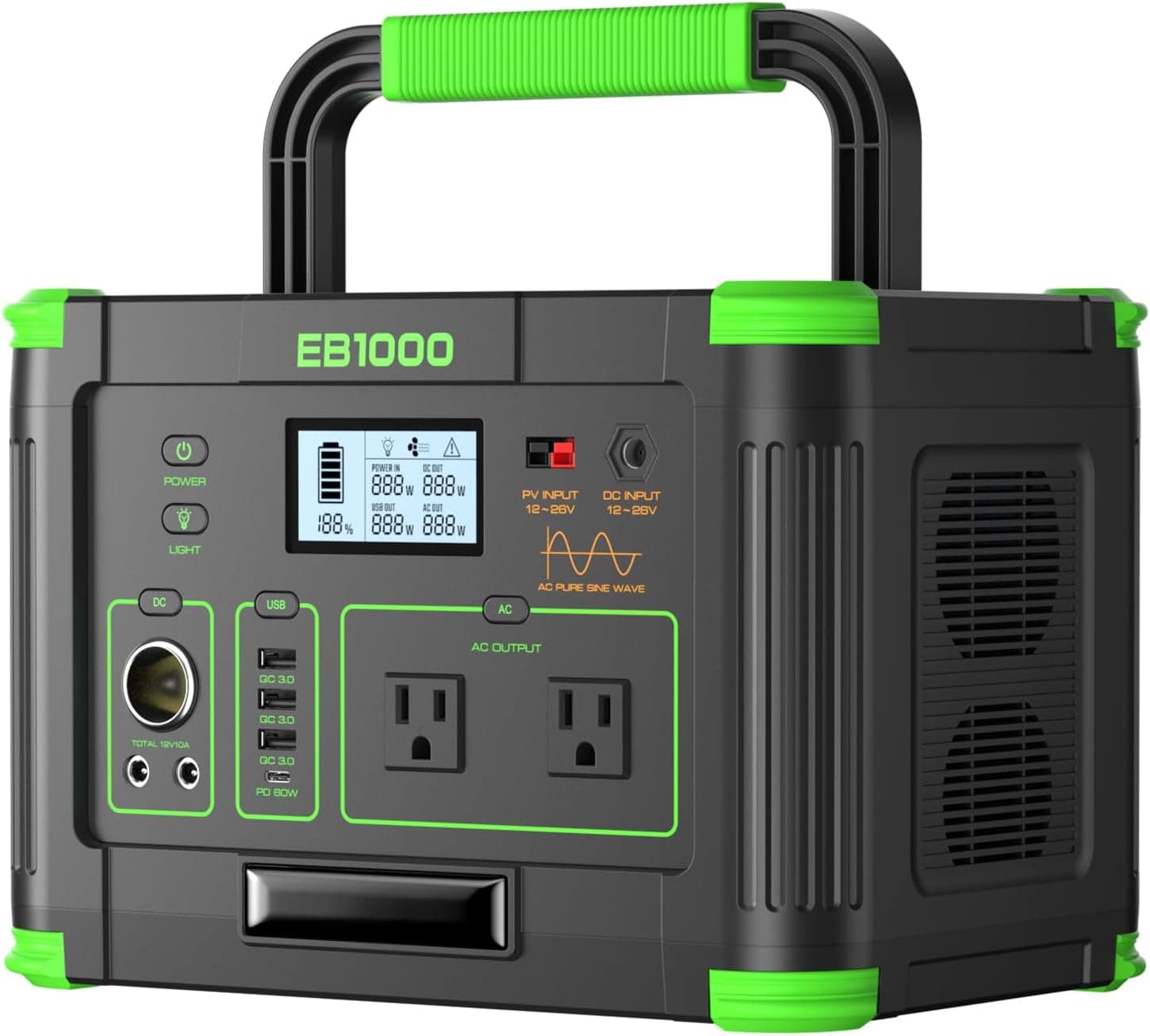 GRECELL 999Wh Generador solar 1000W Central eléctrica portátil para exteriores | Con salida PD USB-C de 60 W, salida de CA de onda sinusoidal pura de 120 V, batería de litio de respaldo para casa, Camping, viajes, caza (pico 2000W)
