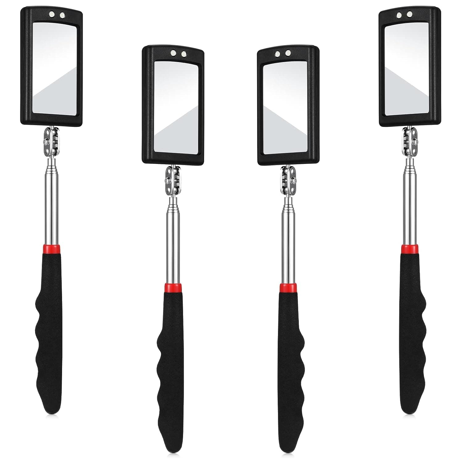 Espejo de inspección LED BBTO de 4 piezas | Herramienta flexible telescópica para mecánicos, verificación de piezas del motor del vehículo, sistemas de climatización, espacios reducidos, mango de agarre antideslizante