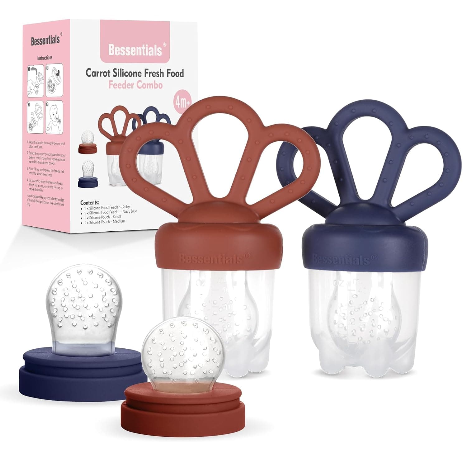 Carrot Baby Fresh Fruit Food Feeder & 2 Pack Silicone Mesh Feeders | Safe Infant Self-Feeding|Includes 3 Sizes of Food Pouches |Suitable for Baby 4M+|BPA-Free (Blue & Copper)