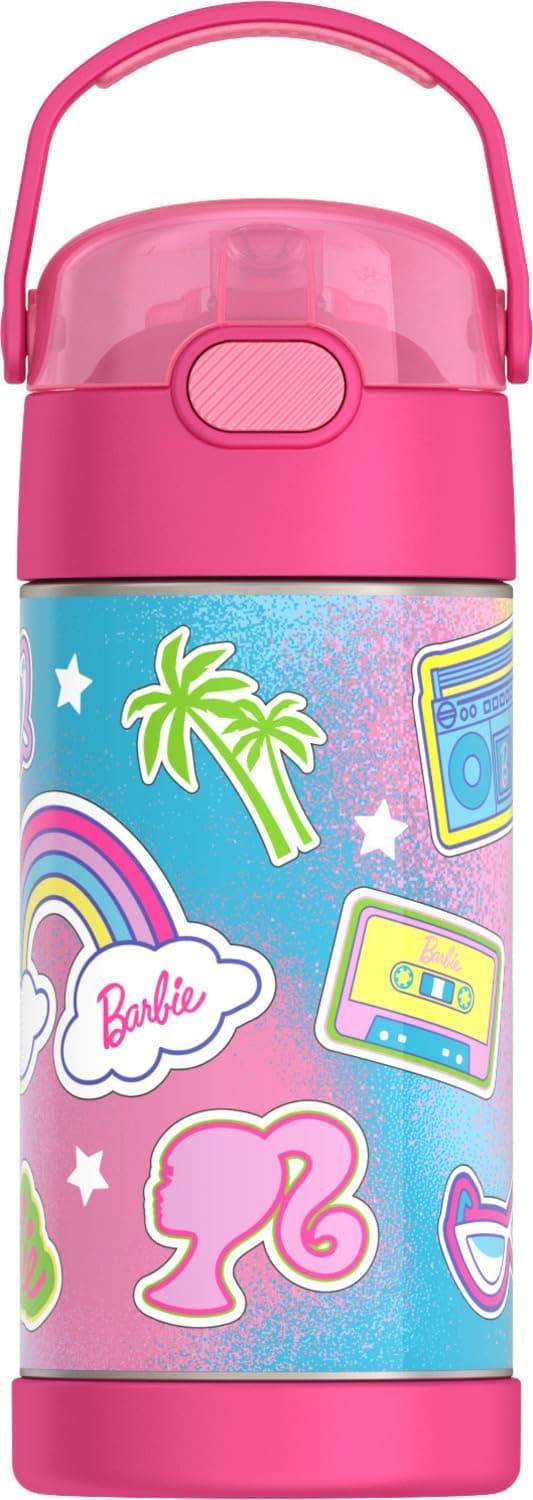 THERMOS FUNTAINER Botella de agua con pajita, 12 oz, Barbie | Botella de agua aislada de acero inoxidable para niños, mantiene las bebidas frías por más tiempo para la escuela y el juego, sin BPA