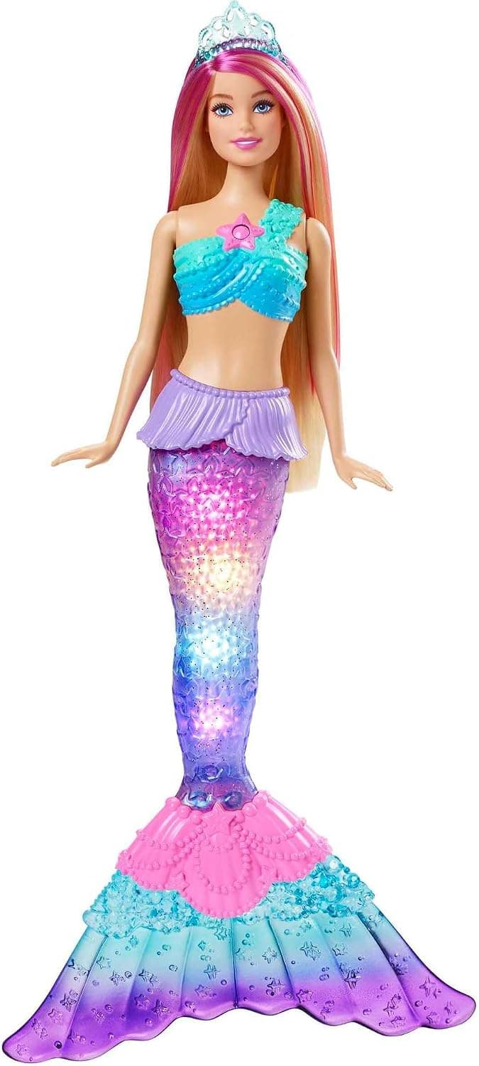 Muñeca Barbie Sirena con cola luminosa activada por agua, juguetes de sirena Barbie Dreamtopia, pelo con mechas rosas