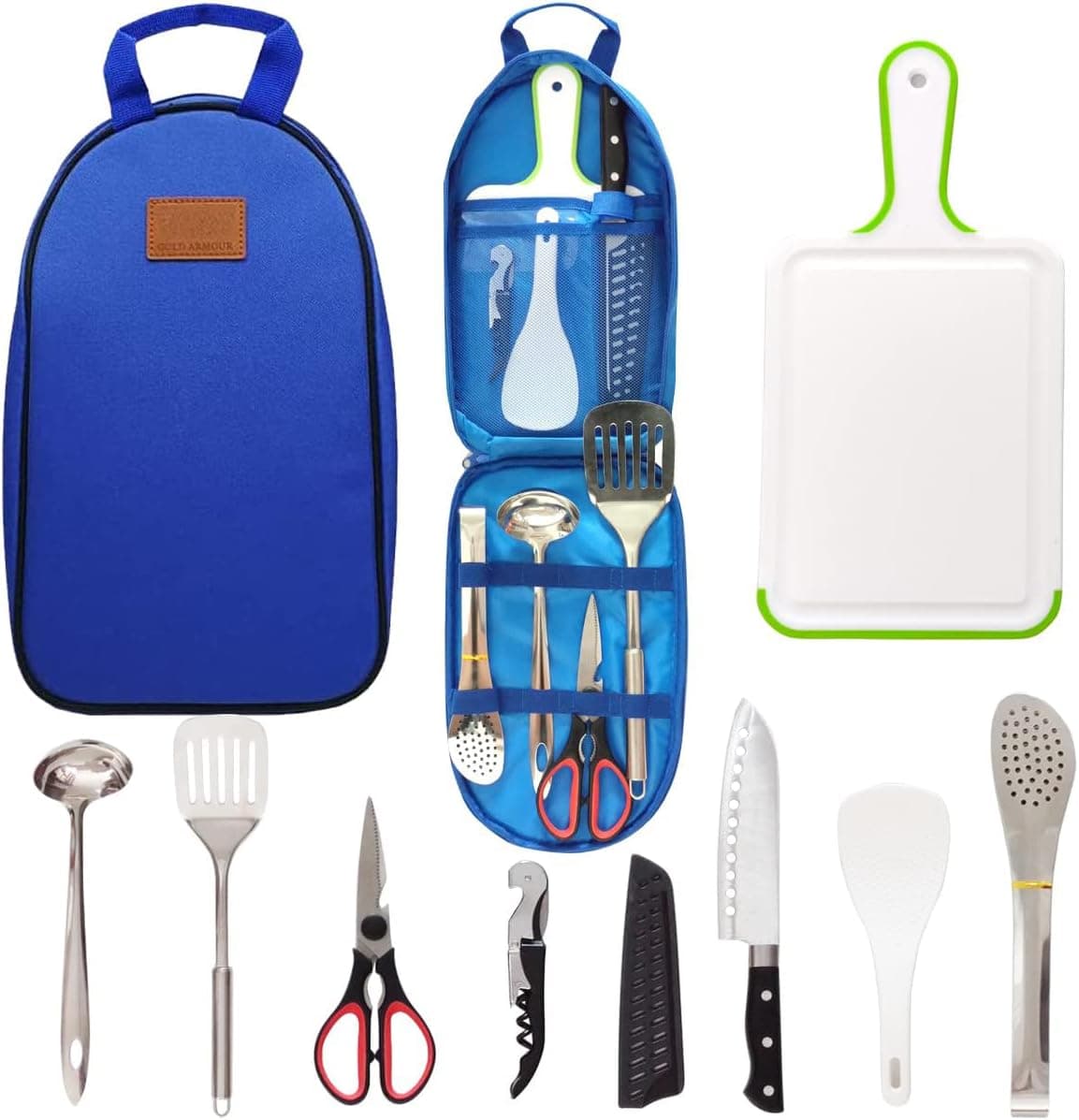 Organizador de utensilios de cocina para campamento, juego de viaje, barbacoa portátil, utensilios de cocina para acampar, utensilios de acero inoxidable, kit de viaje, equipo para exteriores, tabla de cortar, pinzas, tijeras, cuchillo, cucharón, espátula