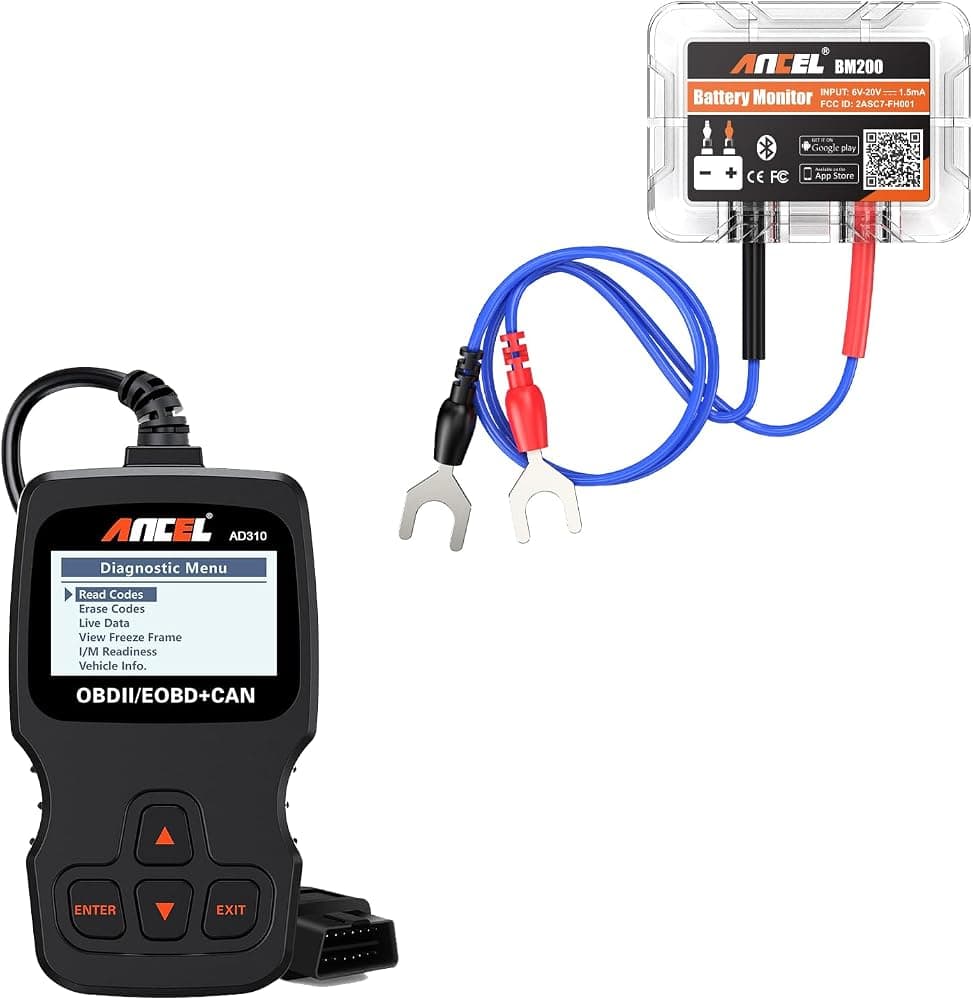 Escáner OBD II universal mejorado clásico AD310 Lector de código de falla del motor de automóvil Escaneo de diagnóstico CAN, Probador de batería de automóvil BM200 de 12 V, Monitor de batería automotriz Bluetooth 4.2 Analizador de carga de batería automático