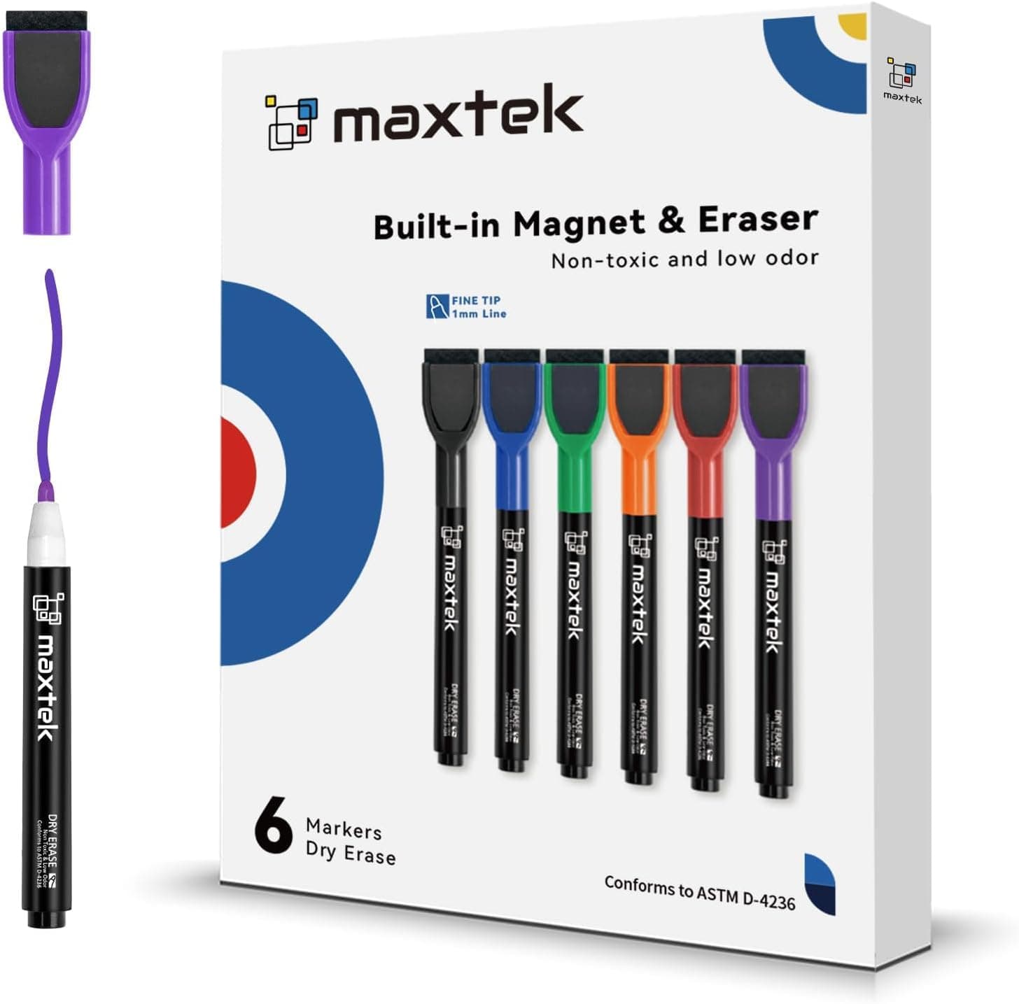 Marcadores de borrado en seco maxtek – 6 marcadores magnéticos coloridos de borrado en seco, punta fina con borrador, marcadores de pizarra blanca de bajo olor para pizarras de calendario