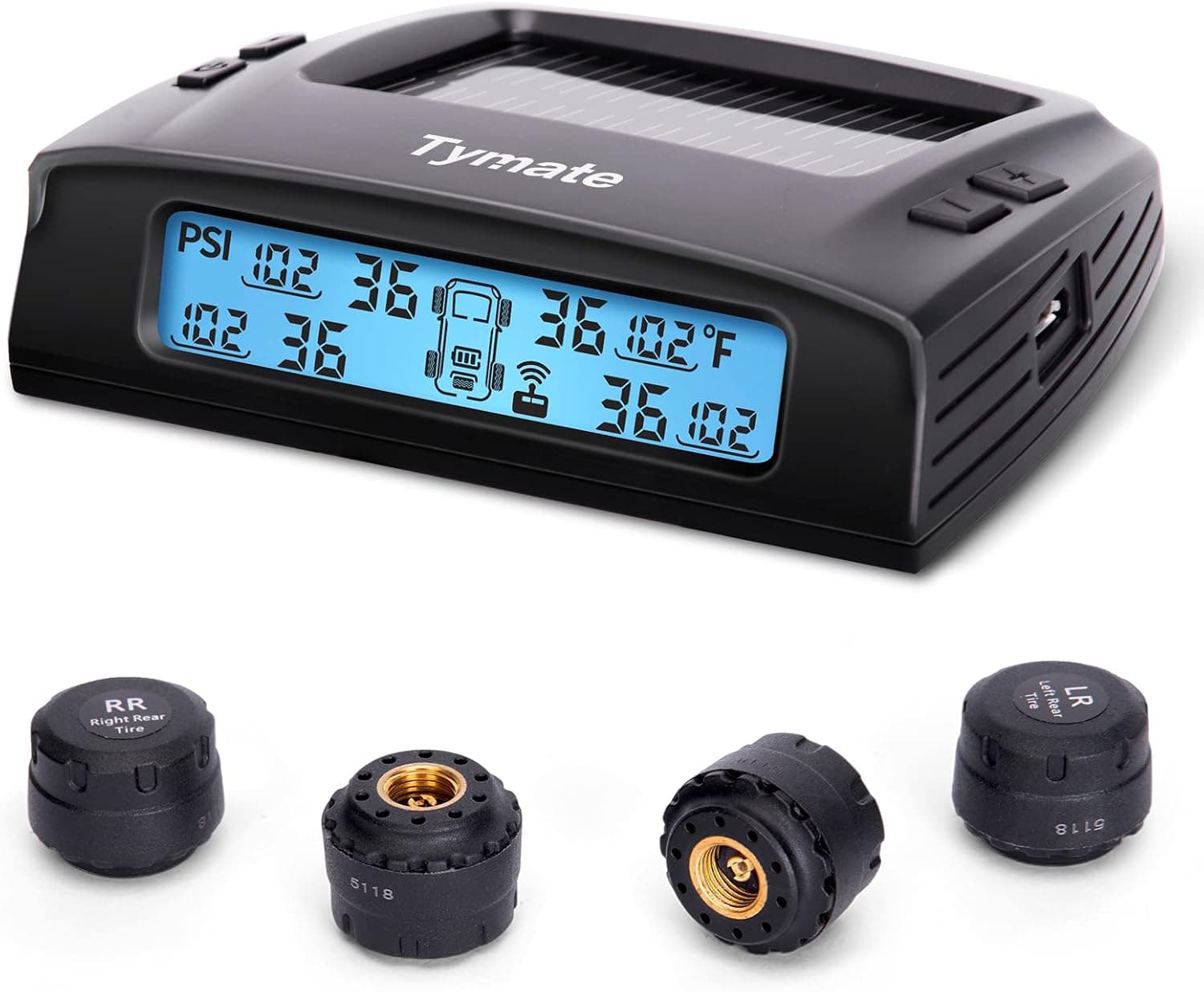 Sistema de Monitoreo de Presión de Neumáticos Tymate TM2 RV, Juego TPMS de 4 Sensores | Máx. 10 Monitoreo de Información de Neumáticos, 6 Modos de Alarma, 0-87PSI, Carga Solar/USB, Pantalla LCD, Para RV/5ta Rueda/Remolque/Camión/SUV/Coche