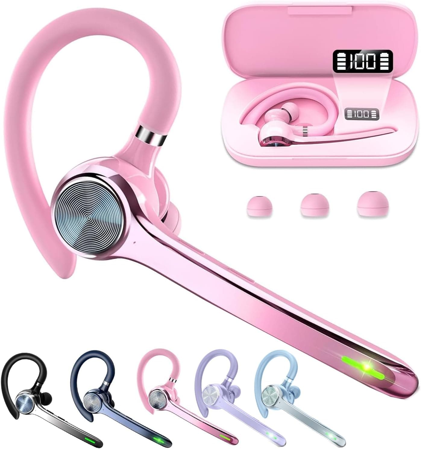 Auriculares Bluetooth HEIBAS, auricular inalámbrico con micrófono para el trabajo | Tiempo de reproducción de 72 horas, estuche de carga de 500 mAh, llamadas manos libres con botón de silencio para el trabajo, camionero, oficina, conducción, iPhone, rosa