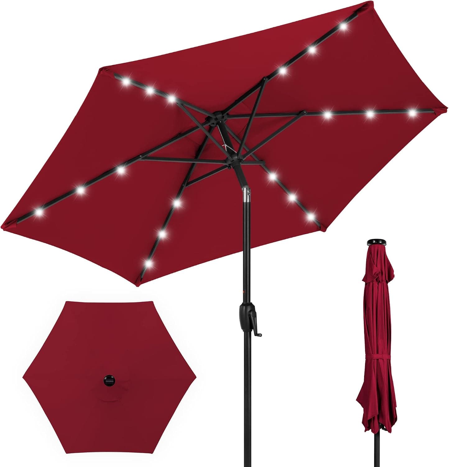 Best Choice Products Paraguas solar de 7.5 pies con luz LED para patio, paraguas de mesa con inclinación y manivela, paraguas para exteriores para jardín, terraza, patio trasero, piscina y playa, color burdeos