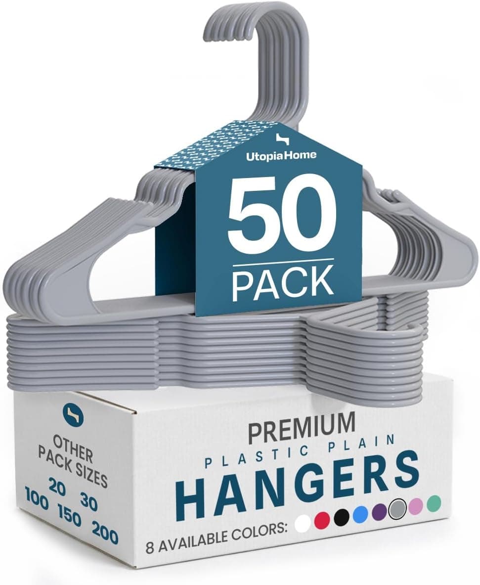 Utopia Home Perchas de plástico, paquete de 50 - Perchas para ropa que ahorran espacio, color gris | Durable y fuerte | Organizador de armario y almacenamiento | Ideal para apartamentos, dormitorios y calcetines