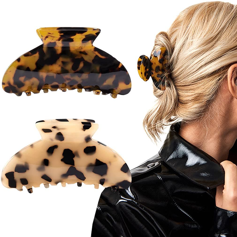 2 pinzas para el pelo con forma de plátano, pasadores de tortuga de celuloide, diseño francés, pasadores de celuloide con estampado de leopardo, accesorios de moda grandes para mujeres y niñas