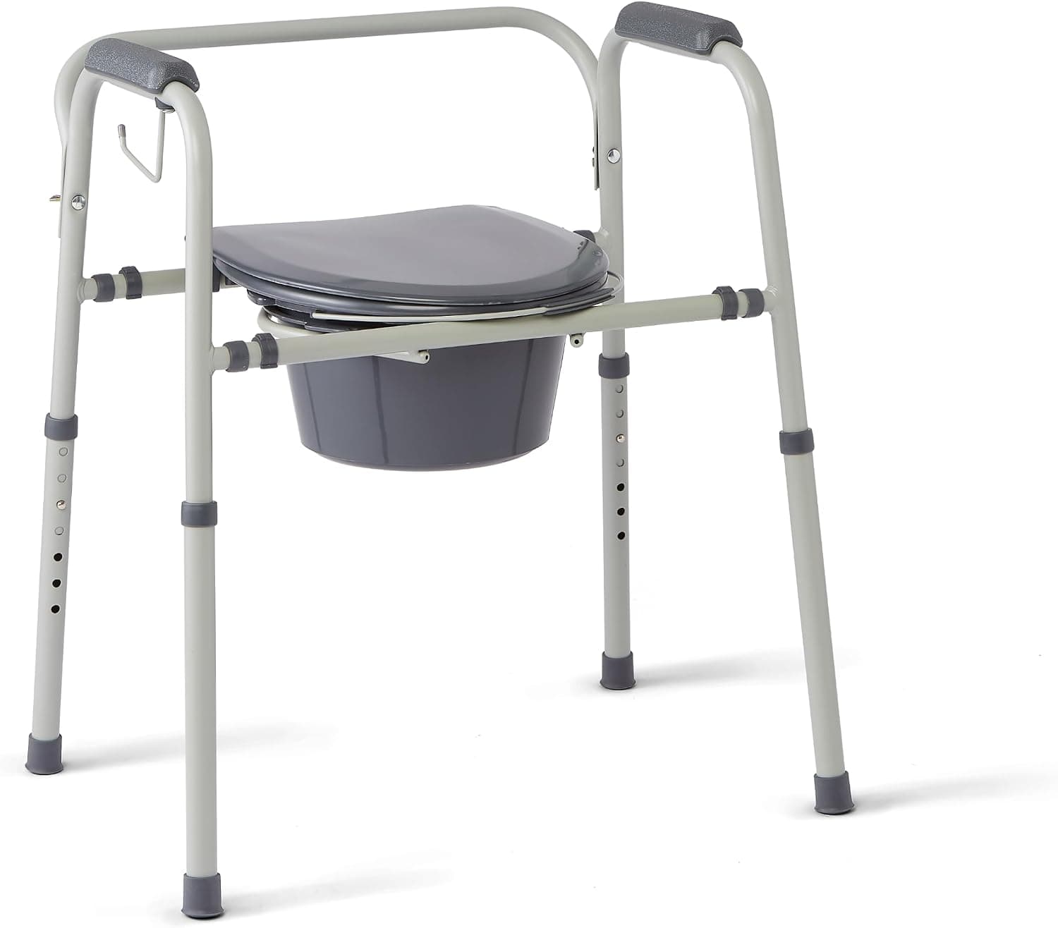 Medline Cómoda de cabecera ajustable de acero 3 en 1 con protección Microban, inodoro portátil junto a la cama, capacidad de peso de 350 lb, extraíble 7.5 QT. Cubo, Silla de Inodoro para Personas Mayores, Montaje sin Herramientas, Gris