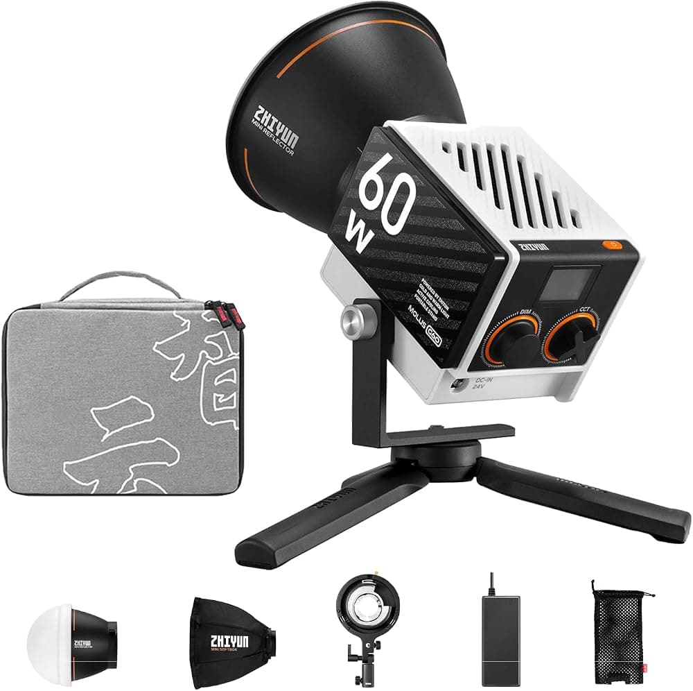 ZHIYUN Molus G60 Combo, luz de vídeo bicolor de 60 W, luz LED portátil de 300 g | CRI≥96, TLCI≥97, Control de aplicación Bluetooth con accesorios de montaje Bowens Fuente de alimentación CC/PD Iluminación de salida continua COB