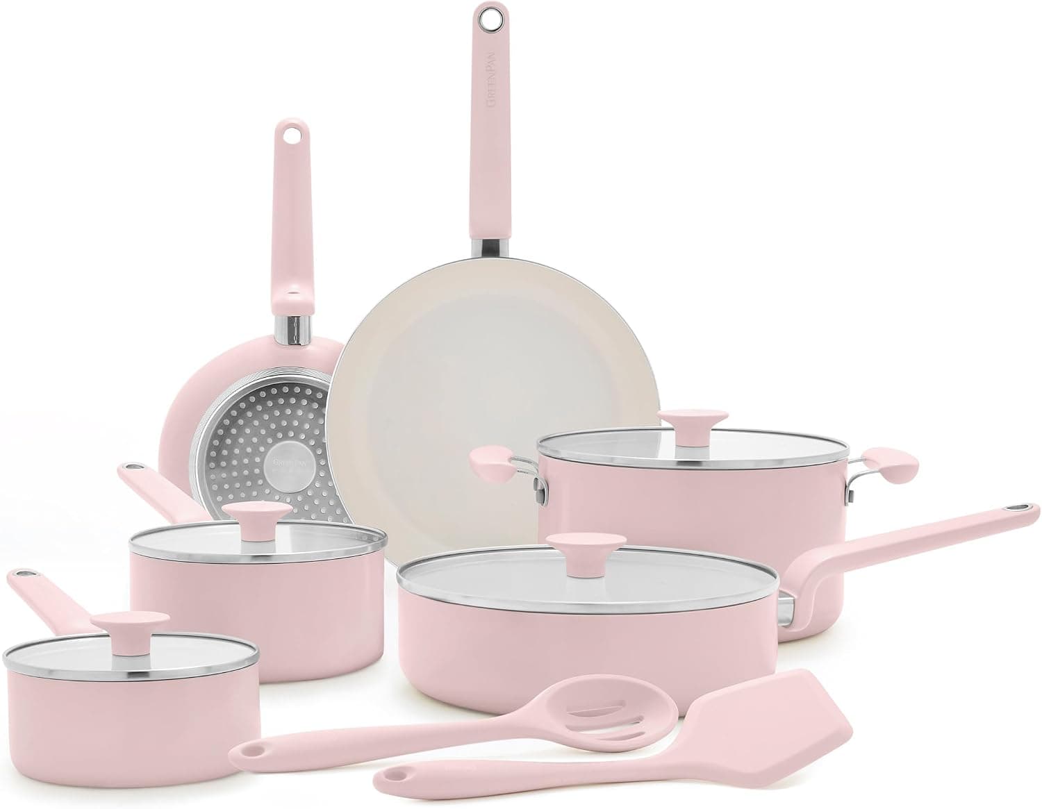 GreenPan Rio Advanced Juego de utensilios de cocina de 12 piezas, ollas y sartenes de cerámica antiadherentes sin PFAS con utensilios de cocina, listo para inducción, apto para lavavajillas y horno, rosa
