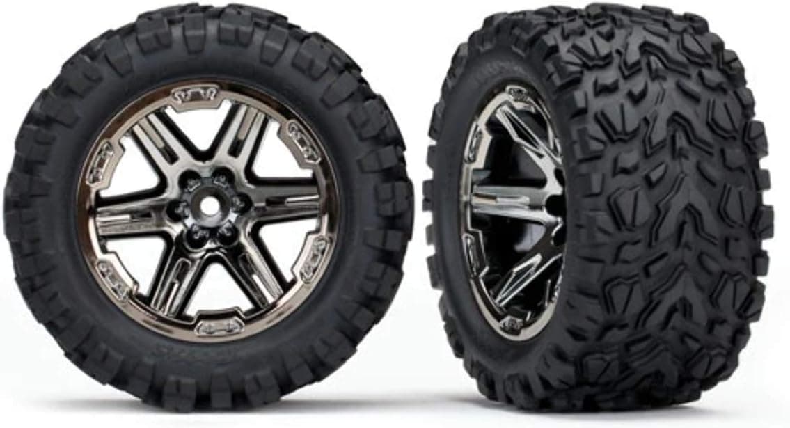 Traxxas 6773X - Llantas y ruedas Rustler 4x4, unisex ensambladas, pegadas (2.8') (ruedas cromadas negras RXT, llantas Talon Extreme, inserciones de espuma) (2) (clasificación TSM)