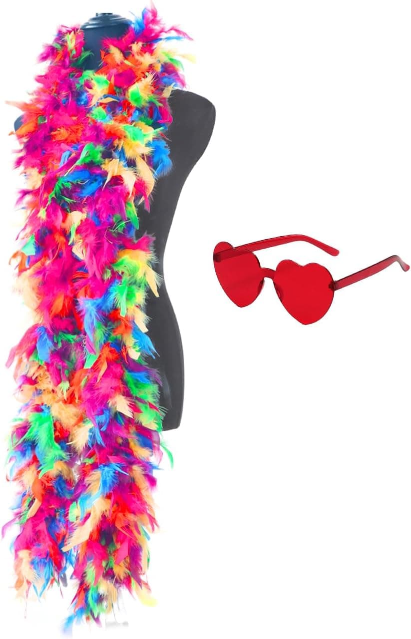 JICASTO Boas de plumas coloridas de 45 g, boa de plumas de 6,6 pies para mujer para bailar, boda, fiesta, Halloween, con gafas de sol en forma de corazón