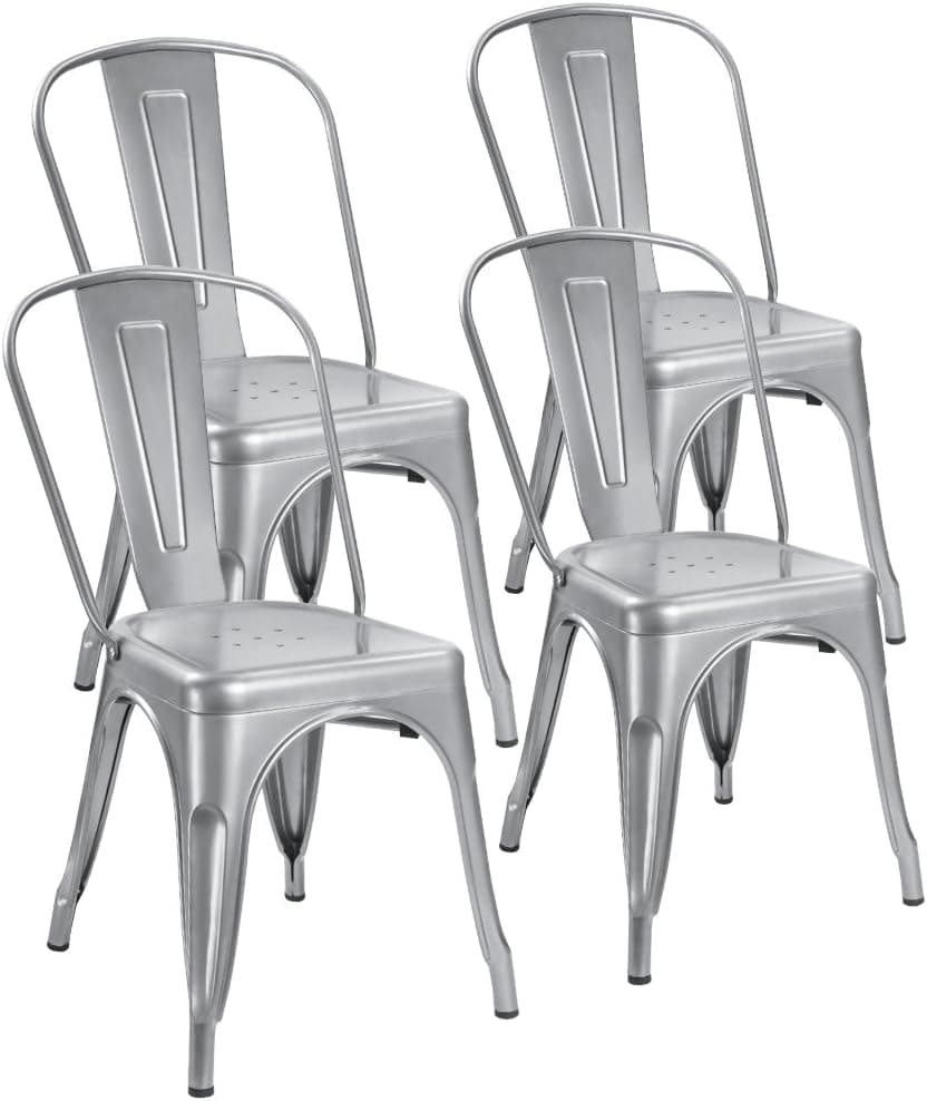 Devoko Sillas de metal para interiores y exteriores, estilo envejecido, sillas de comedor de cocina, sillas laterales apilables con respaldo, juego de 4 (plateado)