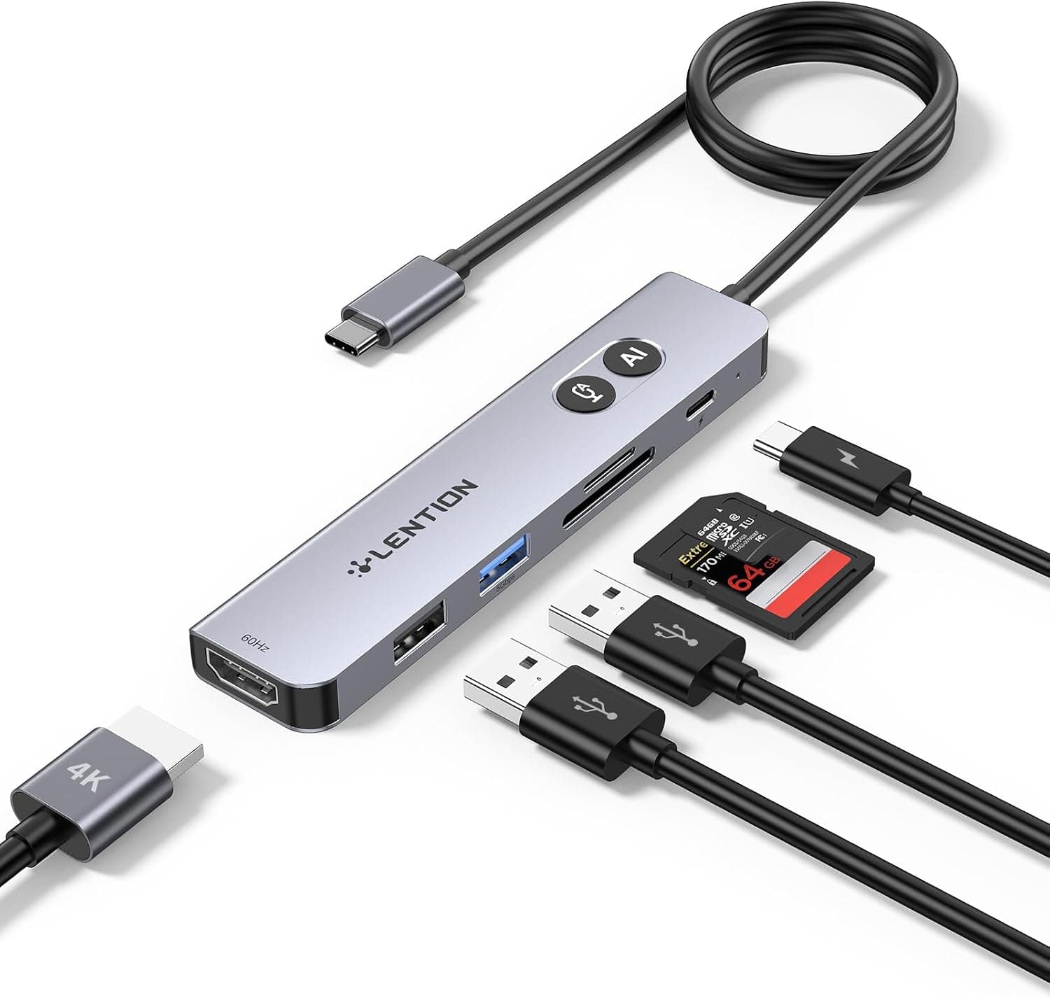 LENTION CA18 Concentrador USB C Multi-AI, escritura de voz a texto en tiempo real, cable de 2 pies | Sistema GoStar AI todo en uno, controlador estable 3.0, 4K@60Hz HDMI, 100W PD, para MacBook Pro/Air, Mac, Surface, Chromebook