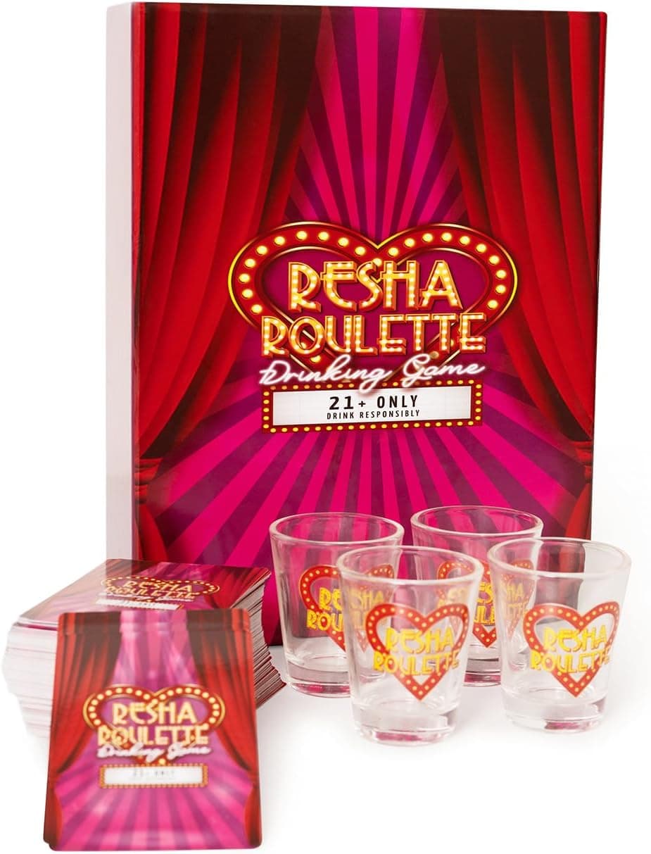 Caresha Please Resha Roulette Card, un juego de cartas para beber para fiestas y más, incluye 120 cartas y 4 vasos de chupito, juego de beber para adultos, juego de cartas para amantes borrachos de ruleta