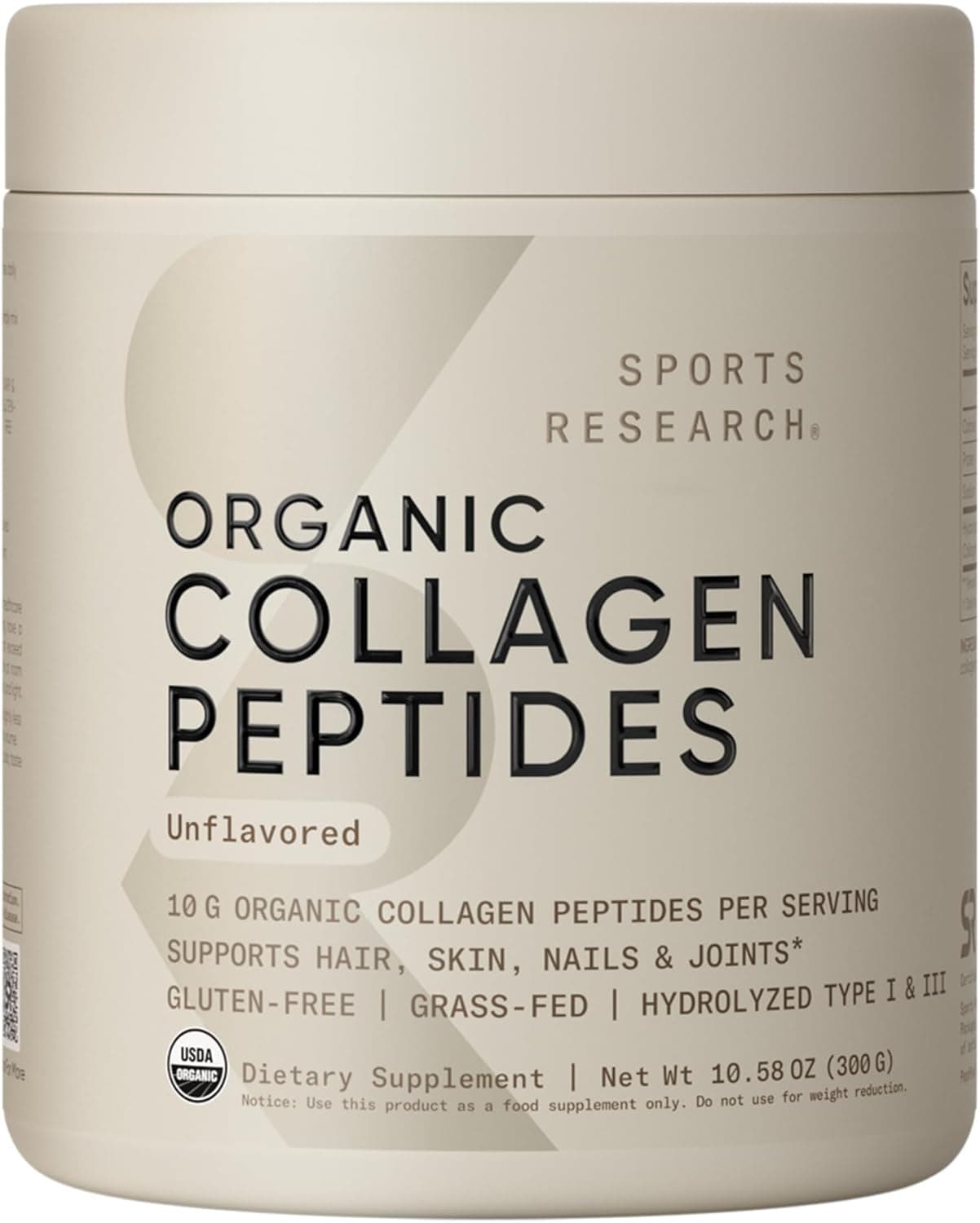 Sports Research® Péptidos de colágeno orgánico en polvo, 10.58 oz (sin sabor) | Hidrolizado tipo I y III elaborado de forma sostenible a partir de vacas alimentadas con pasto - USDA orgánico, sin OGM, sin gluten - 30 porciones
