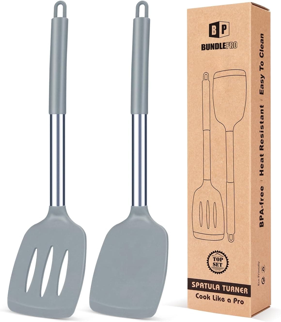 Paquete de 2 espátulas de cocina sólidas de silicona, espátulas de cocina ranuradas antiadherentes, utensilios de cocina sin BPA resistentes al calor, utensilios de cocina ideales para pescado, huevos, panqueques (gris)