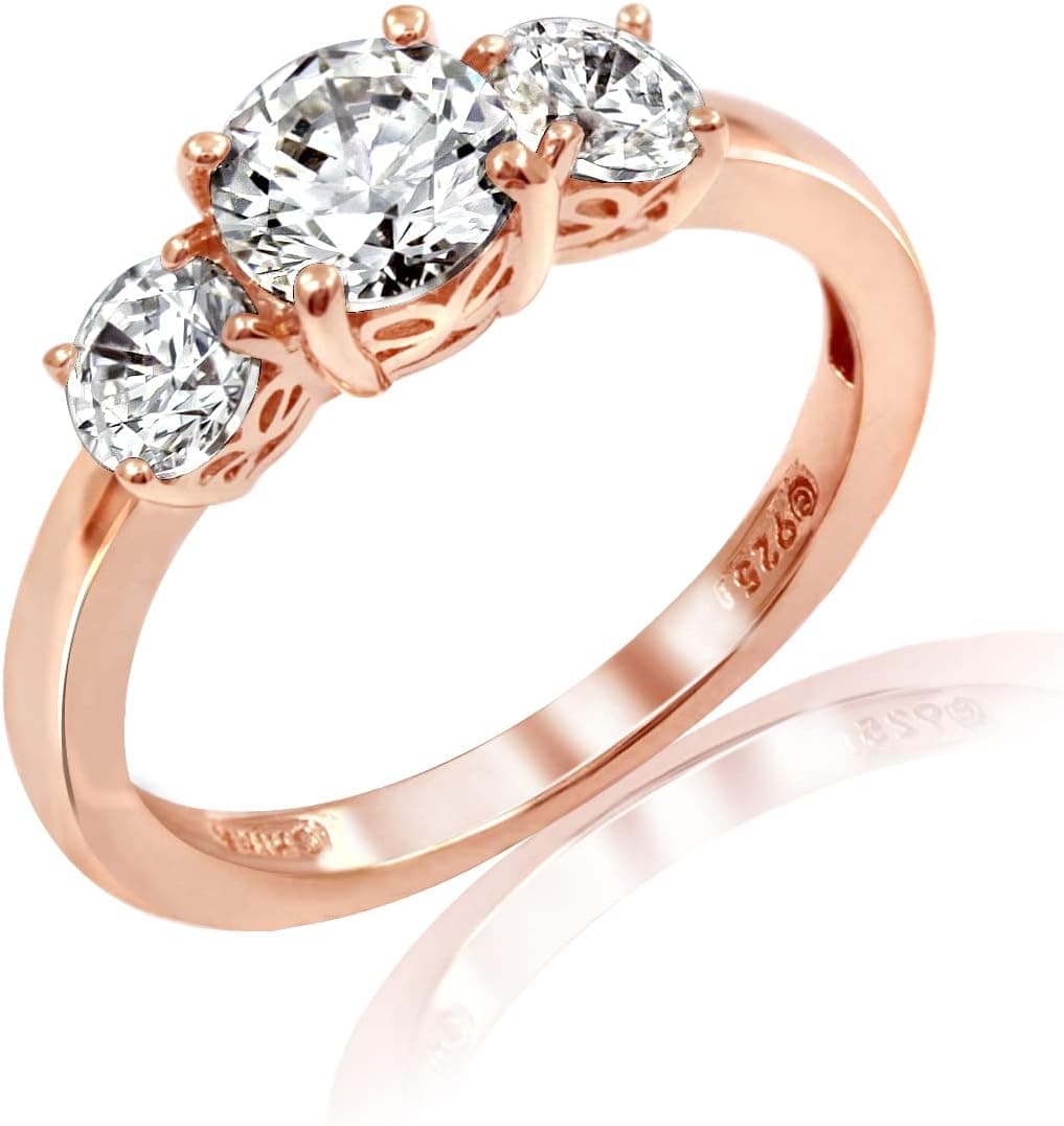 Amazon Essentials Rose 18K Gold Plated Sterling Silver Round 3-Stone Ring made with Infinite Elements Cubic Zirconia (2 cttw), Size 6 (previously Amazon Collection)