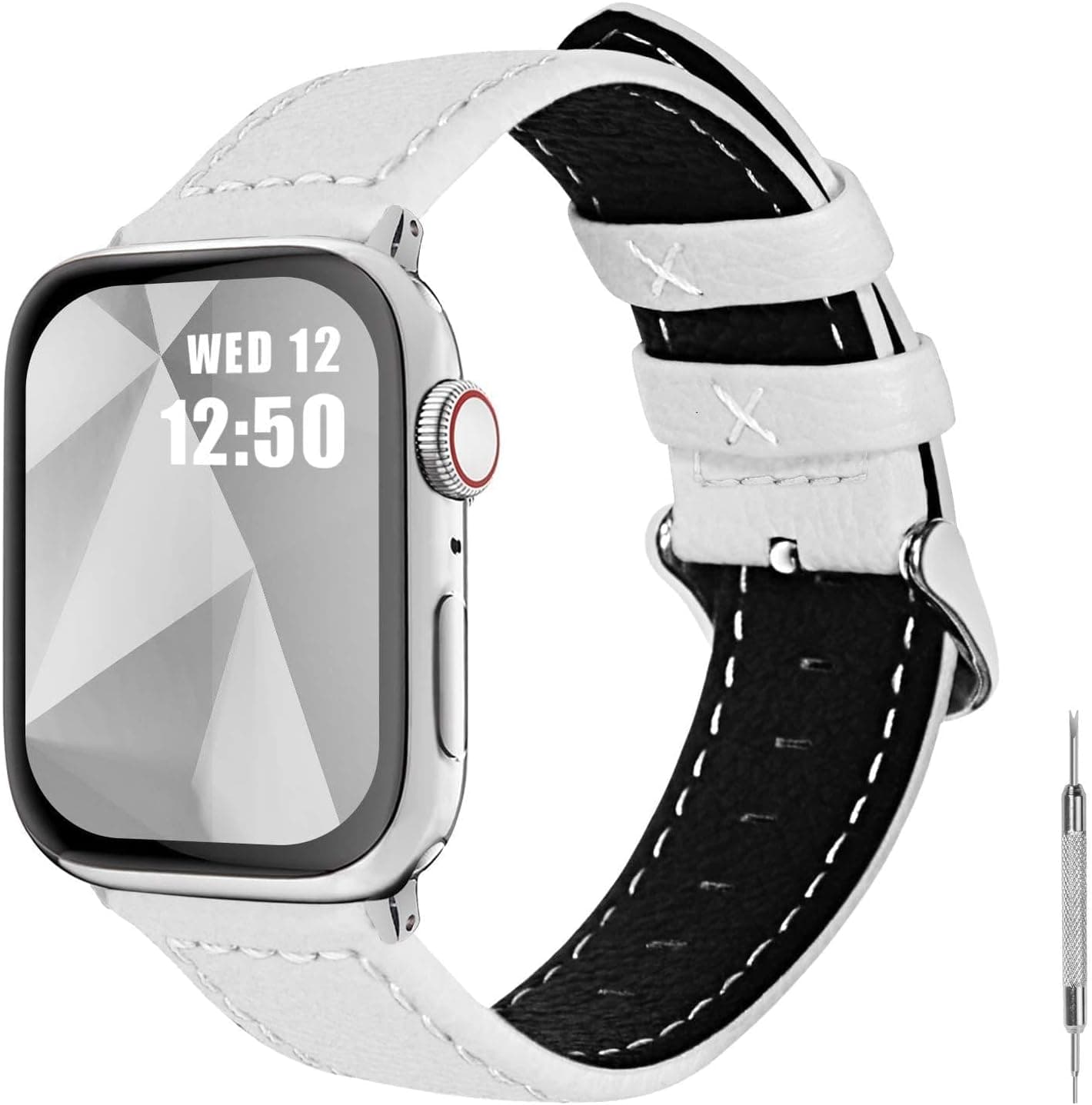 Fullmosa Band for Apple Watch 49/46/45/44/42/41/40/38mm | Leather Strap Fits iWatch Series 11 10 9 8 7 6 5 4 3 2 1,Ultra,SE Men Women White & Silver Buckle