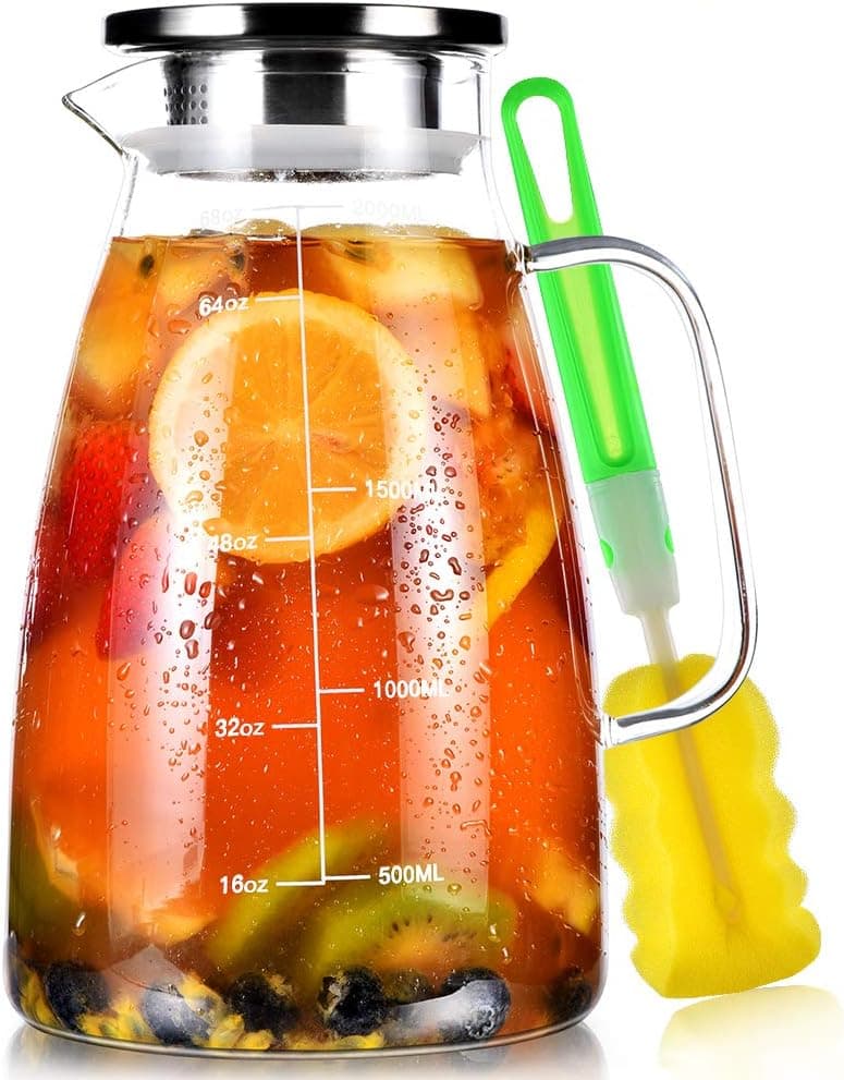 Jarra de vidrio con tapa Aofmee 68 oz, jarra de agua de vidrio de 2 litros con mango y tapa, jarra de té helado, jarra de barreño de borosilicato resistente al calor para bebidas frías y calientes de jugo de café