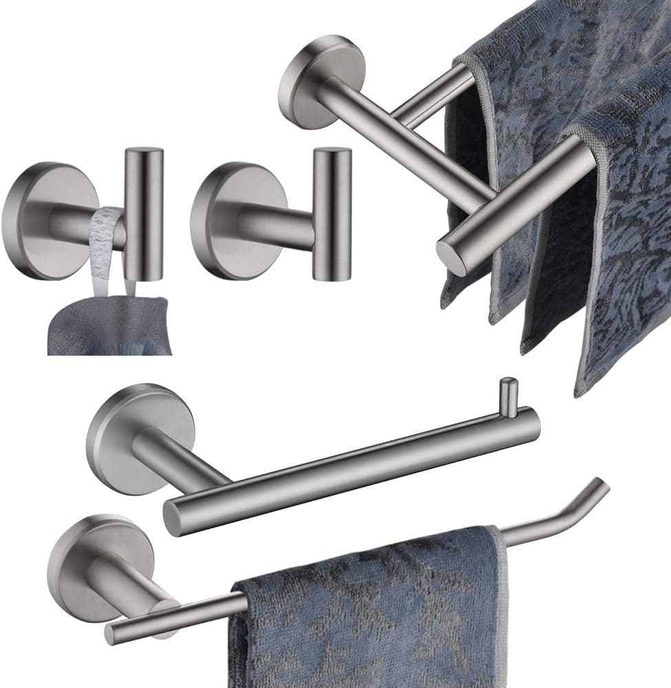 Juego de accesorios para barra de toalla para baño, juego de accesorios de baño de 5 piezas, montaje en pared con acabado cepillado, incluye barra para toalla de 24", barra para toalla de mano de 9", soporte para papel higiénico, 2 ganchos para bata, BAS105-BN