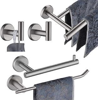 Juego de accesorios para barra de toalla para baño, juego de accesorios de baño de 5 piezas, montaje en pared con acabado cepillado, incluye barra para toalla de 24", barra para toalla de mano de 9", soporte para papel higiénico, 2 ganchos para bata, BAS105-BN