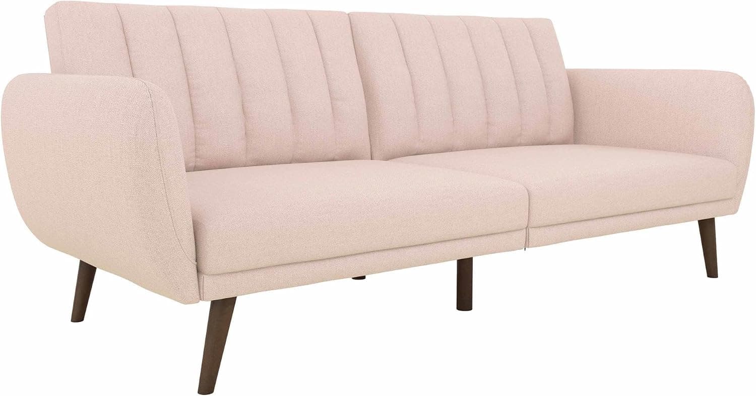 Novogratz Brittany 82 Inch Futon Sofa Bed in Faux Leather, Upholstered Couch Sleeper with Tufted Back, Mid-Century Modern Design, Pink