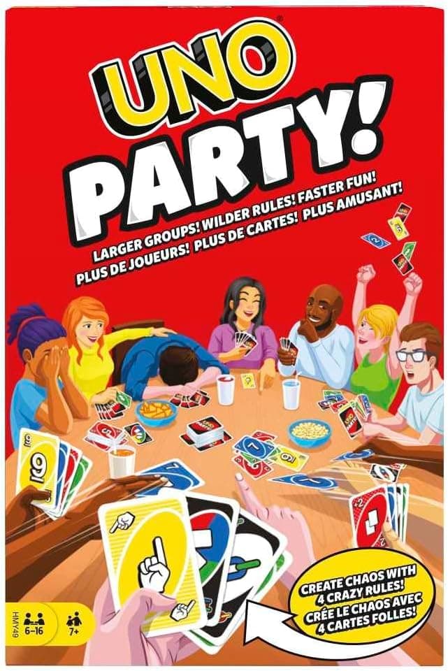 Mattel, juego de cartas UNO Party: ¡grupos más grandes! ¡Reglas más salvajes! ¡Diversión más rápida!