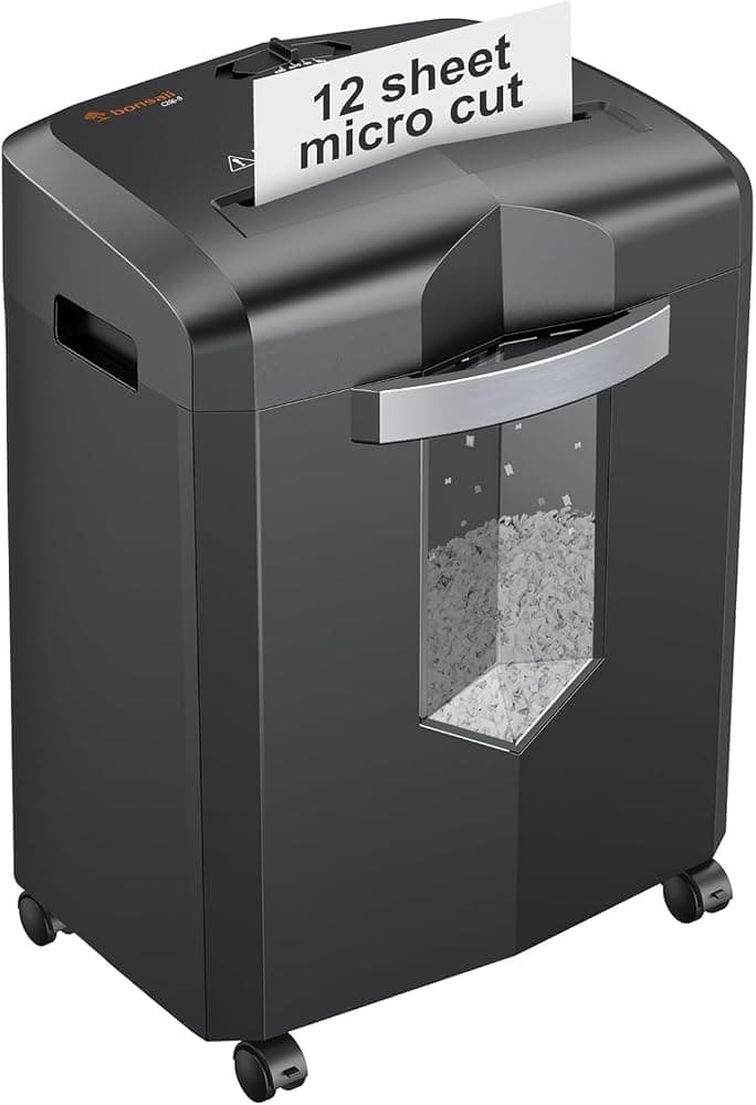 Destructora de microcorte de 12 hojas, nivel de seguridad P-4, tritura papel, CD, tarjeta de crédito, correo, grapas y clips, uso continuo de 60 minutos, sistema a prueba de atascos, contenedor extraíble de 4,2 galones