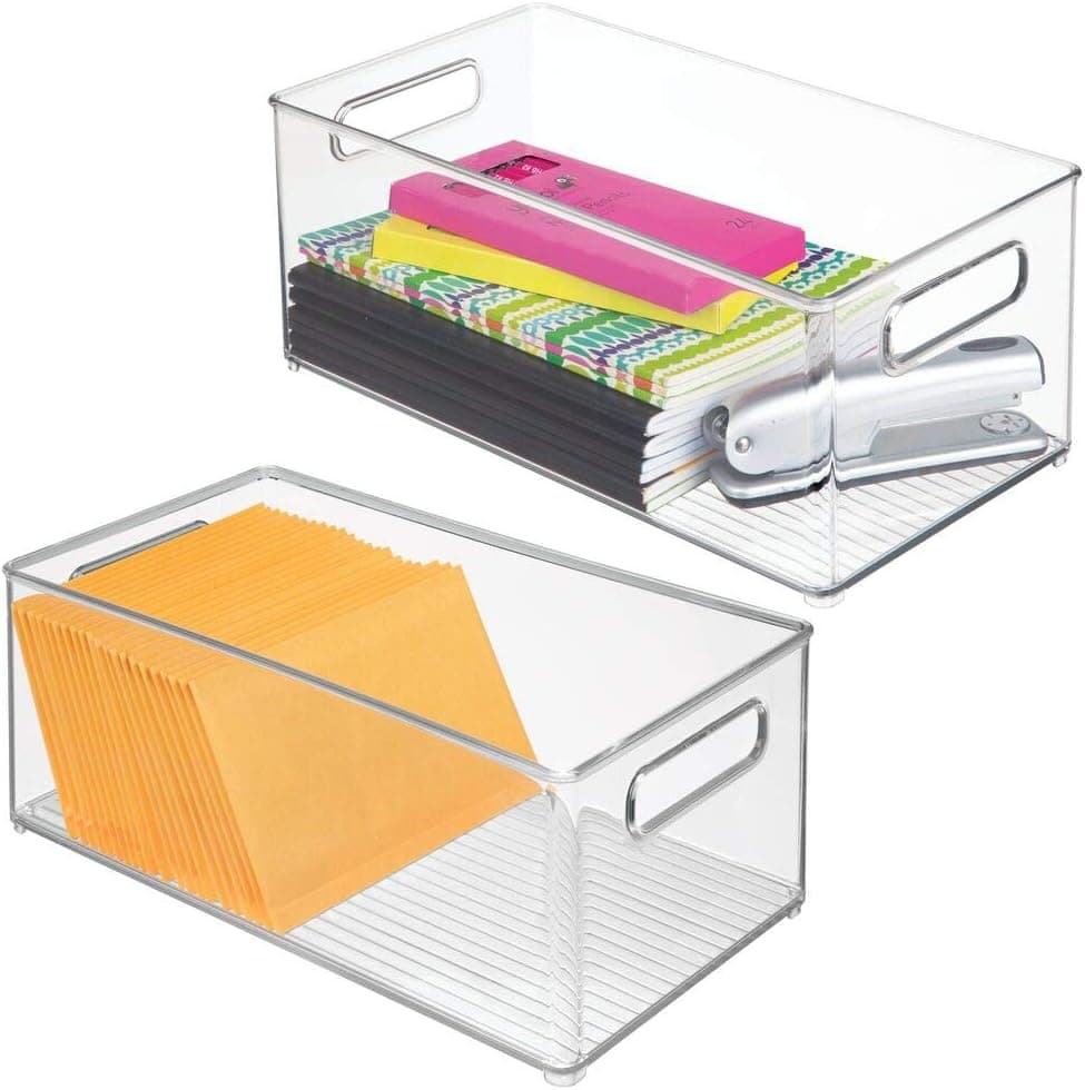 mDesign Contenedor organizador de almacenamiento de plástico profundo, organización de oficina para archivador, armario, estantes y escritorio, para blocs de notas, bolígrafos, lápices, resaltadores y grapadoras, paquete de 2, transparente