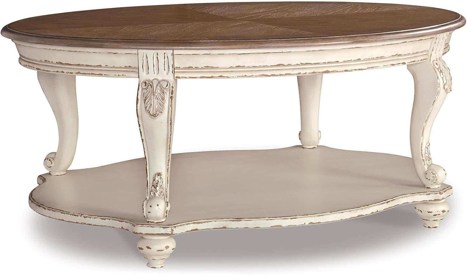 Mesa de centro ovalada Signature Design de Ashley Realyn, blanco/marrón | Madera envejecida de dos tonos, estante inferior fijo, 48 de ancho, estilo granja, pieza central de la sala de estar