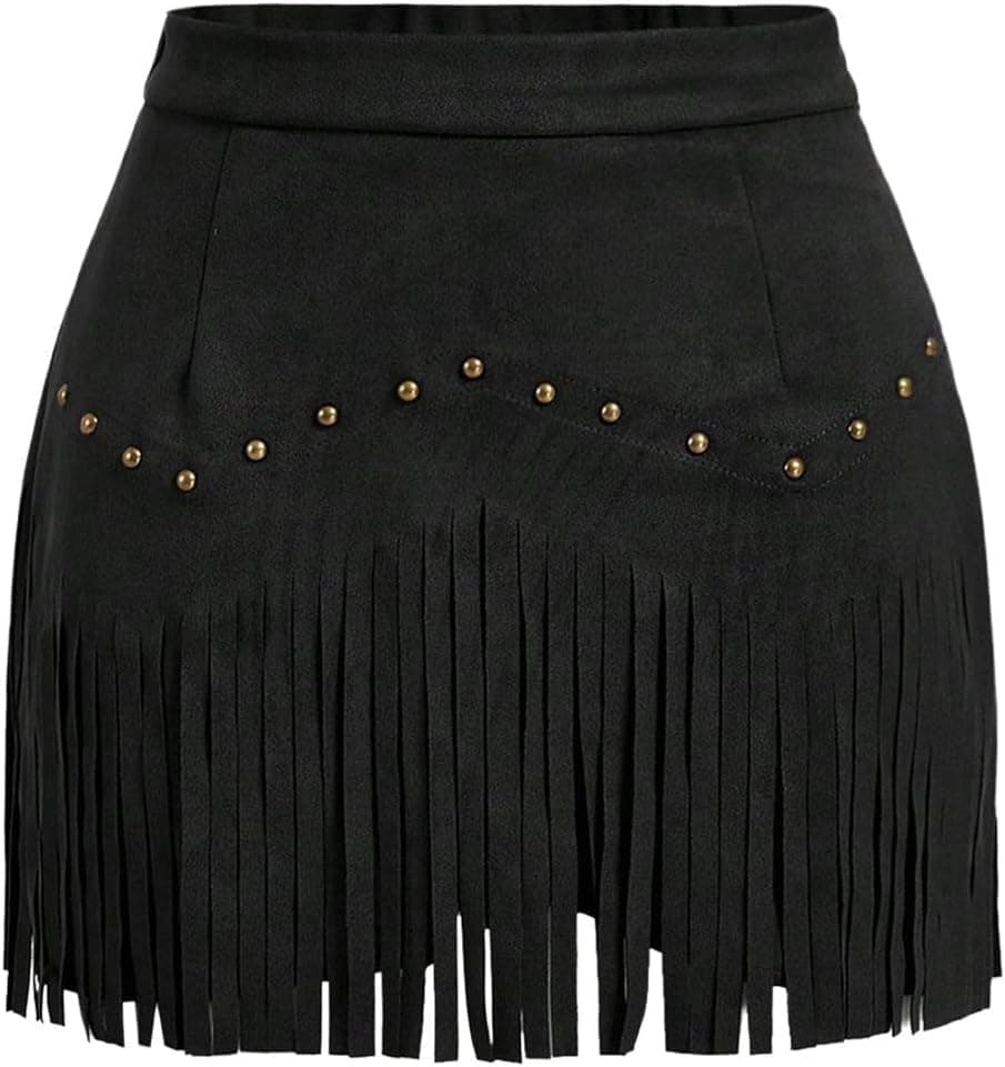SweatyRocks Falda vaquera sexy con flecos de ante para mujer, falda estilo country occidental | Talle alto, traje de concierto country, ribete de flecos, pantalón corto con forro, falda con flecos