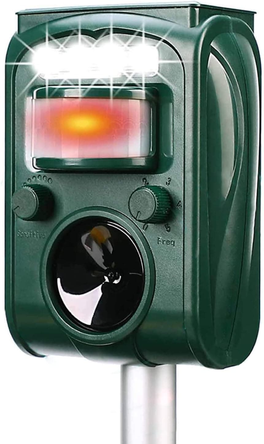 Ahuyentador Solar Ultrasónico de Animales, Ahuyentador de Gatos, Detección de Movimiento, Sirena y Ahuyentador de Flash. Perro, ardilla, ciervo, mapache, zorrillo, conejo, zorro, etc.