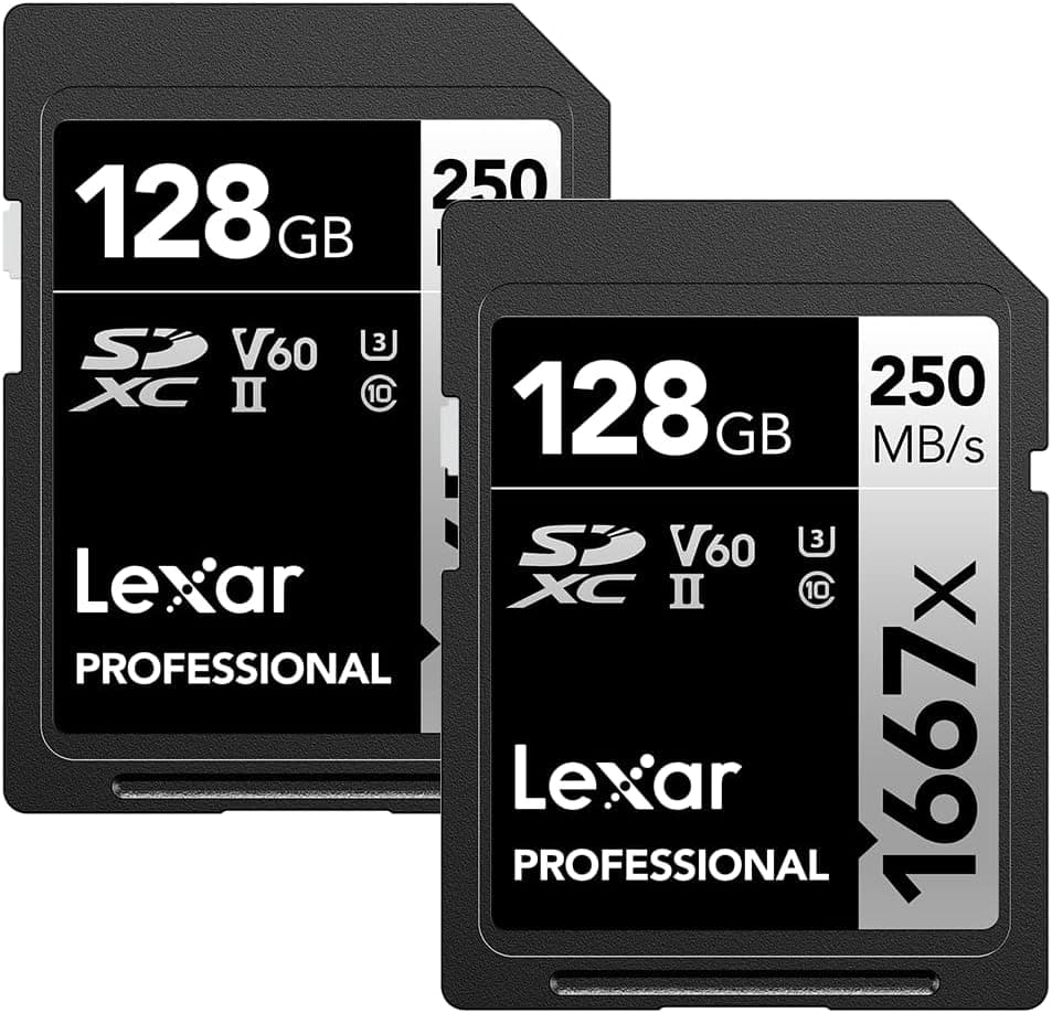 Lexar Tarjeta SD profesional 1667x de 128 GB (paquete de 2), UHS-II, C10, U3, V60, Full HD, 4K, tarjeta de memoria SDXC de lectura de hasta 250 MB/s, para fotógrafo profesional, videógrafo y entusiasta (LSD128CBNA16672) | Hasta 250 MB/s de lectura, UHS-II, V60, U3, Clase 10, vídeo 4K, vídeo Full HD