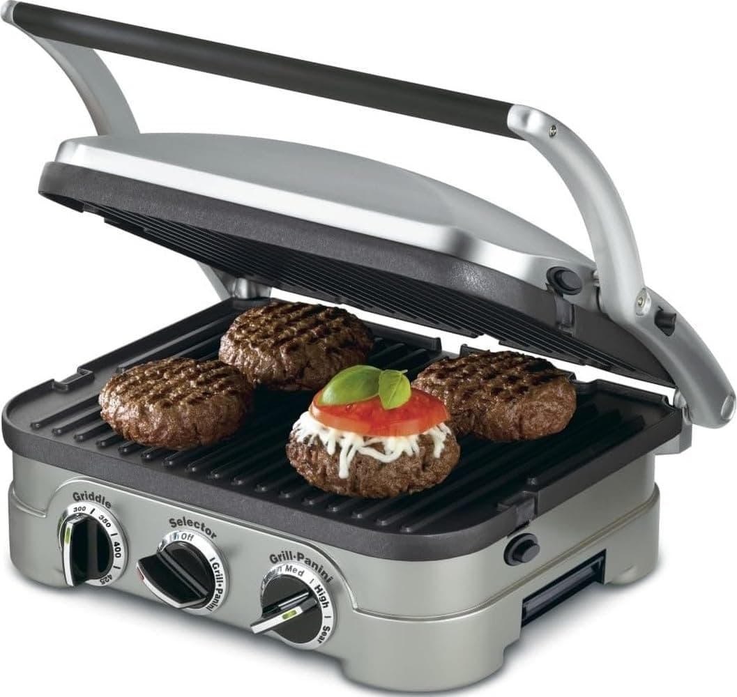 Cuisinart Griddler Parrilla interior, prensa Panini, sandwichera y más, parrilla 5 en 1, placas de cocción antiadherentes aptas para lavavajillas, GR-4NP1, acero inoxidable