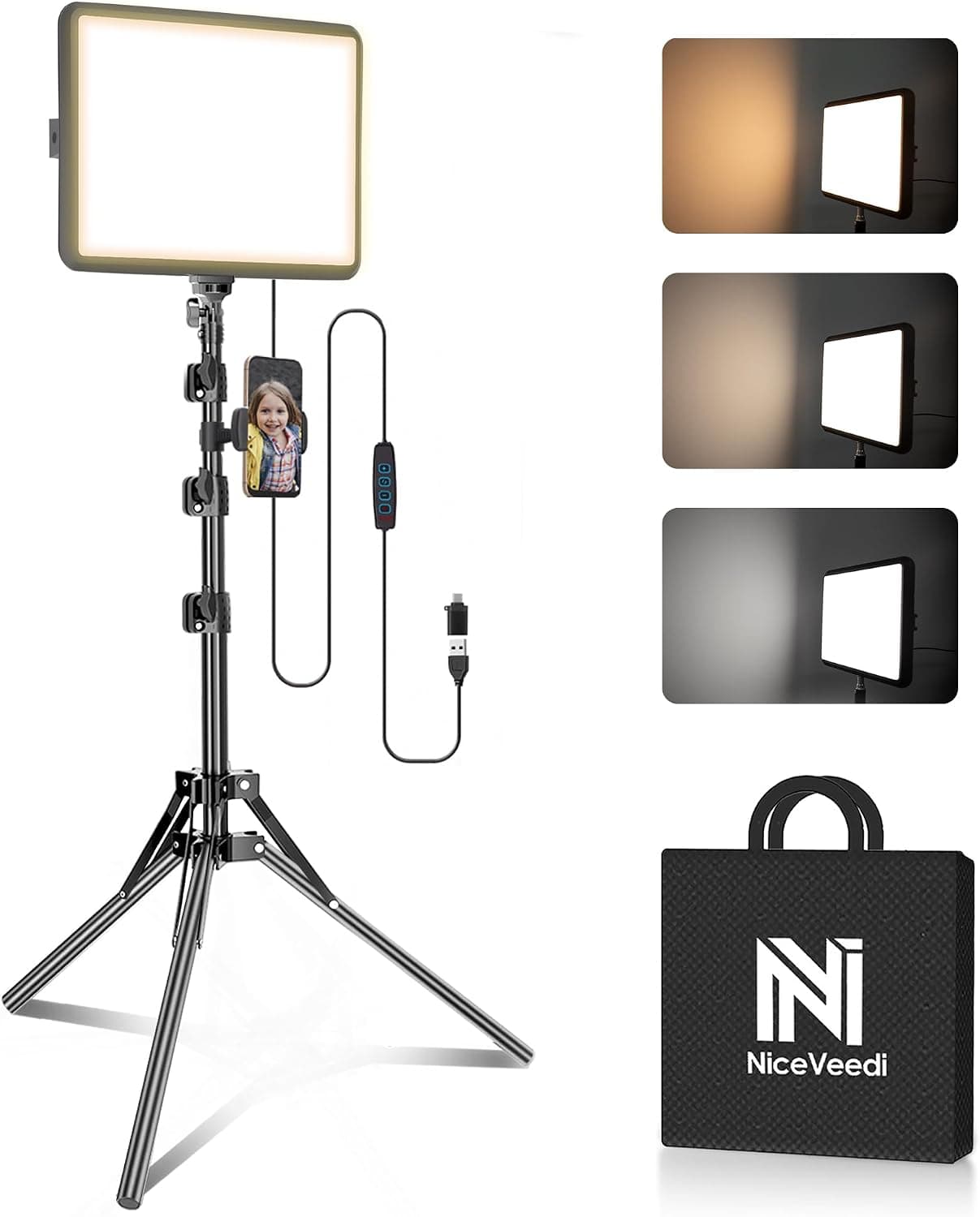 Kit de luz de vídeo LED, 1 paquete, kit de iluminación de fotografía NiceVeedi, luz de estudio regulable 2800-6500K con soporte para trípode y soporte para teléfono, luz de flujo de 73" para grabación de vídeo, transmisión de juegos, YouTube