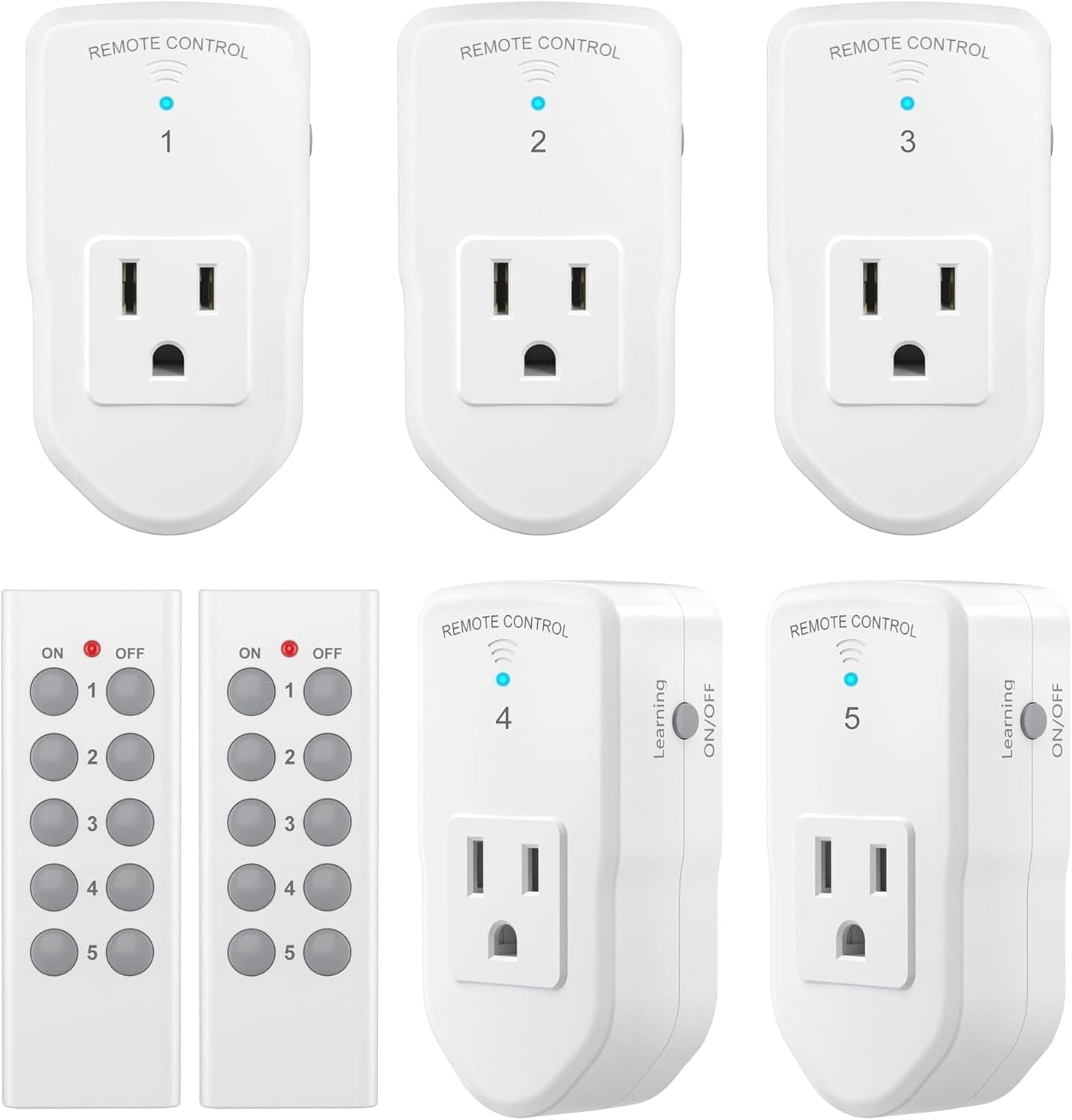 BN-LINK Interruptor eléctrico de salida de control remoto inalámbrico para luces, ventiladores, luces navideñas, pequeños electrodomésticos, 100 pies de largo alcance blanco (código de aprendizaje, 5Rx-2Tx) 1200W/10A, certificado ETL y FCC