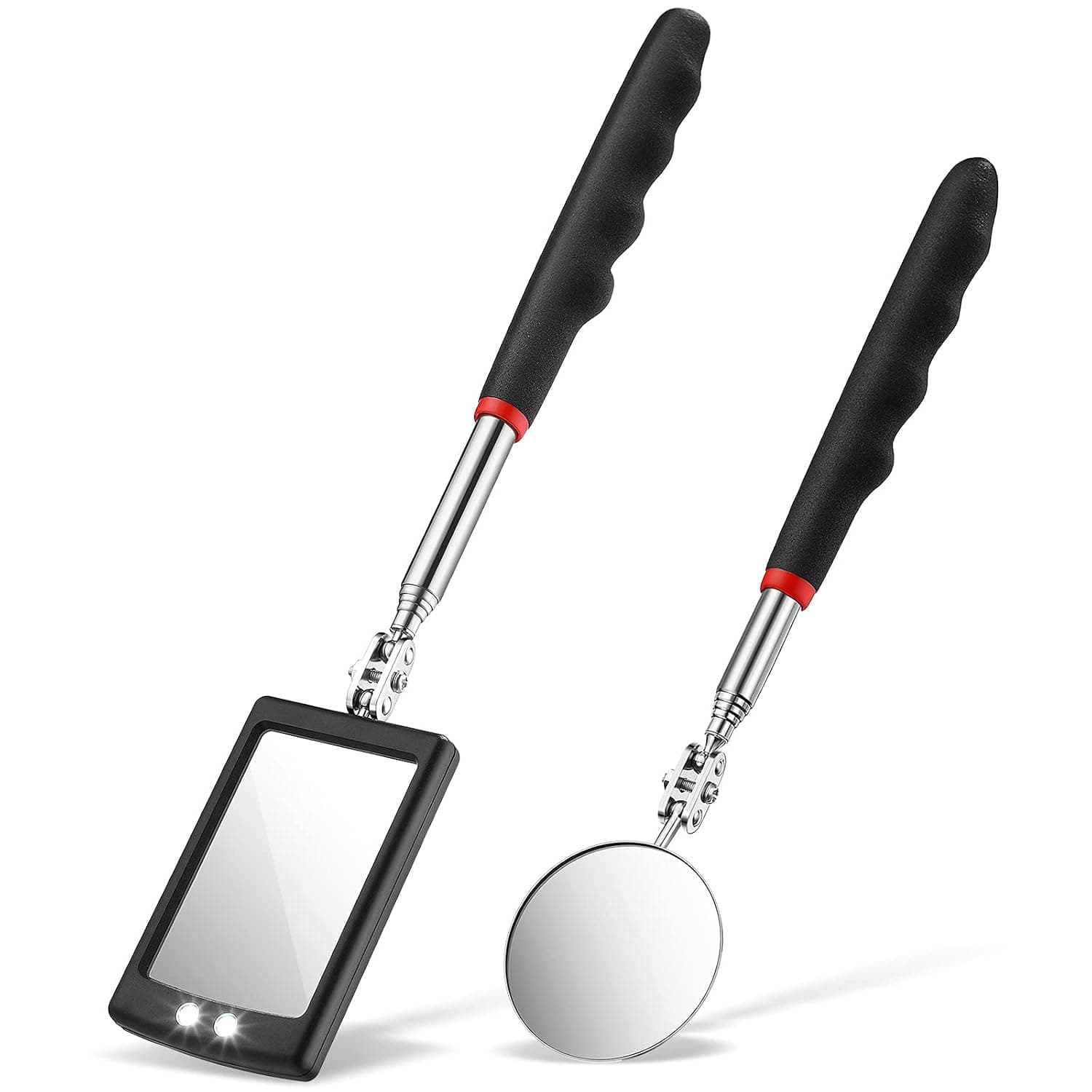 Frienda Espejo de inspección telescópico LED de 2 piezas, herramienta de espejo redondo flexible | Mango extensible, cabezal de espejo iluminado, cuello flexible, mecánico de automóviles, inspección de áreas de difícil acceso