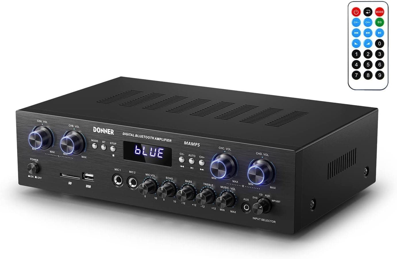 Receptor amplificador de audio estéreo Bluetooth 5.0 de Donner, receptor estéreo de cine en casa de 4 canales de potencia máxima de 440 W con USB, SD, FM, 2 micrófonos en eco, RCA, LED, selector de altavoces para estudio, hogar - MAMP5