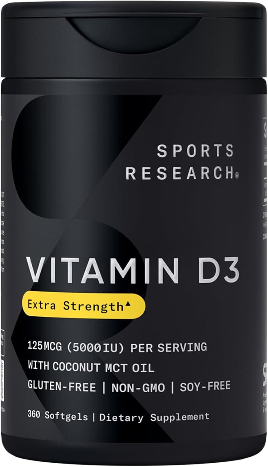 Sports Research® Vitamina D3 5000 UI/125 mcg con aceite de coco, 360 cápsulas blandas